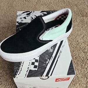 Vans Black and Mint Skate Slip-Ons